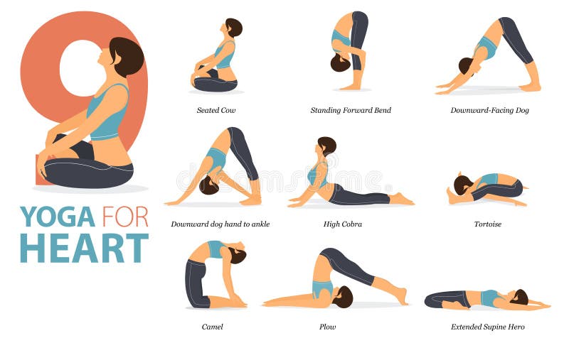 9 Yoga poses or asana posture for workout in Yoga for heart concept. Women exercising for body stretching. Fitness infographic