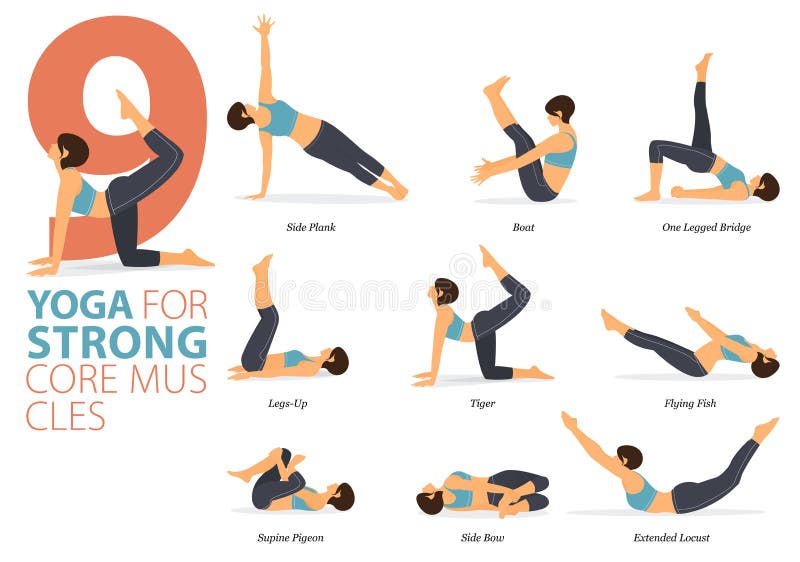 9 Yoga Poses or Asana Posture for Workout in Strong Core Muscle Concept.  Women Exercising for Body Stretching. Vector. Stock Vector - Illustration  of balance, class: 209938238