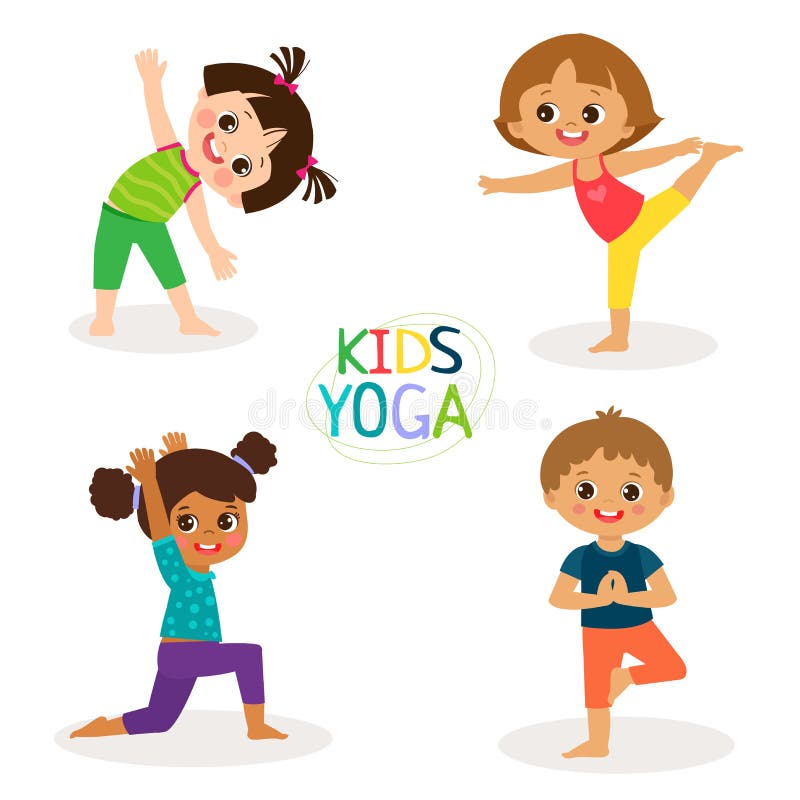 Yoga Kids Poses Vector Cartoon Illustration. Little Girls And Boys Doing Yoga Set. stock illustration Yoga Kids Poses Vector Cartoon Illustration. Little Girls And Boys Doing Yoga Set. stock illustration
