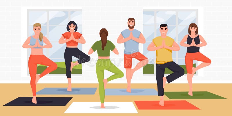 Yoga class  flat cartoon illustration. Young women and men practicing yoga exercise and meditation with instructor in modern studio. Concept of active healthy lifestyle. Yoga class  flat cartoon illustration. Young women and men practicing yoga exercise and meditation with instructor in modern studio. Concept of active healthy lifestyle