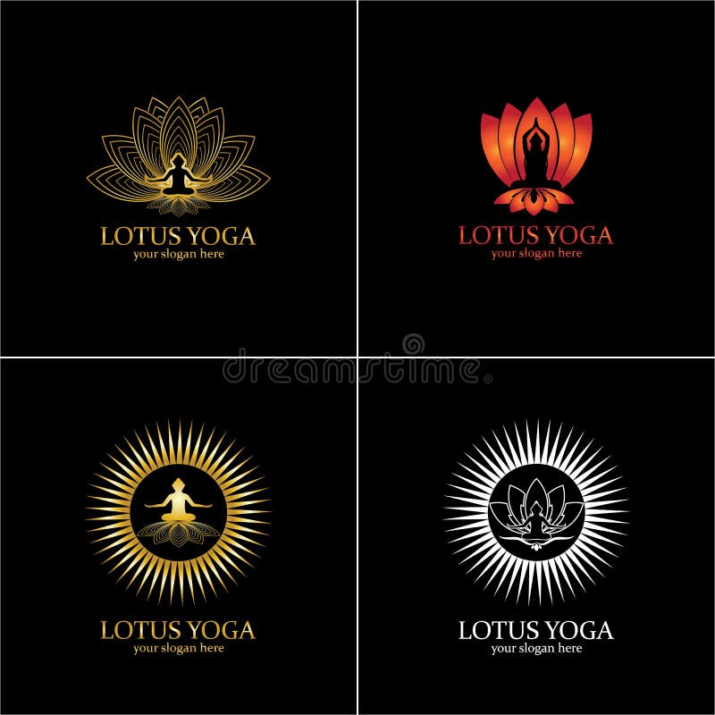 yoga logo design stock. human meditation in lotus flower vector illustration