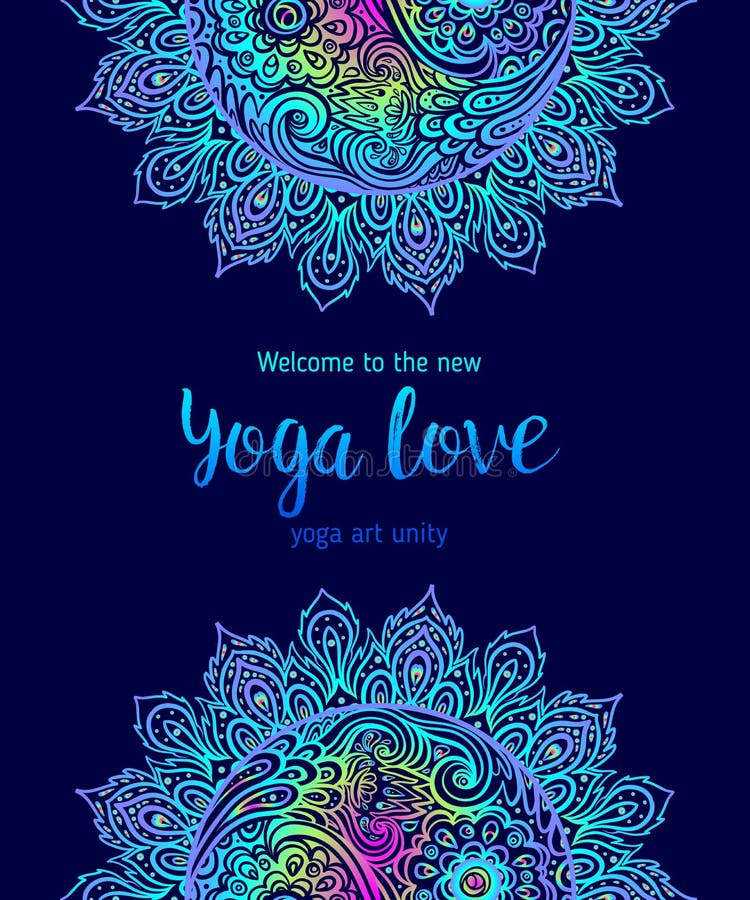 Yoga Love. card design. Colorful template for spiritual retreat or yoga studio. Ornamental business cards, oriental