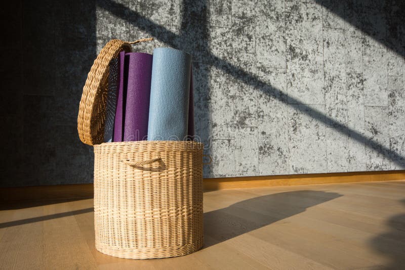 Yoga mat in the basket stock photo. Image of three, parquet 80381596