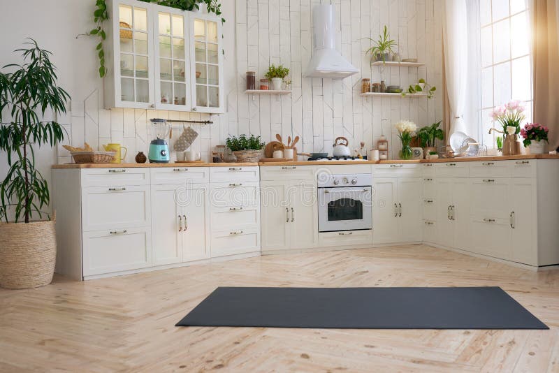 Yoga Mat in a Modern Bright Kitchen, No People Stock Photo Image of