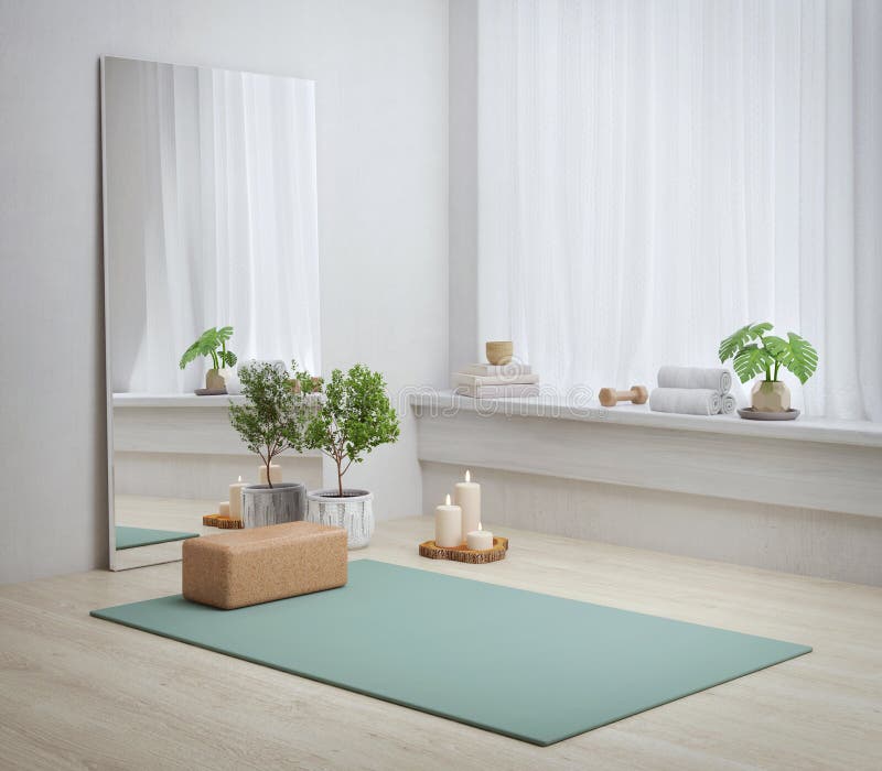 Yoga Mat in Yoga Room with Plant ,scented Candle and Mirror. Stock