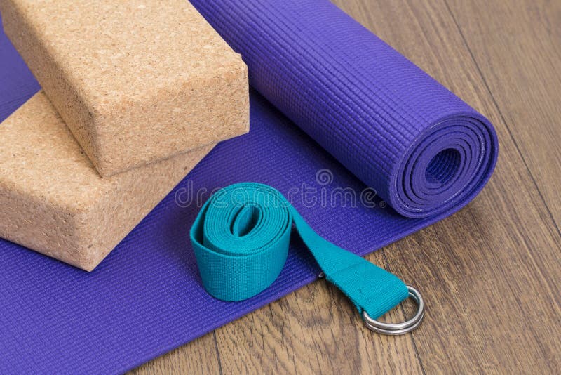Yoga mat, strap and blocks stock photo. Image of sport 95203994