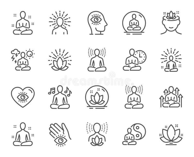 Yoga Meditation Line Icons. Body Balance, Person Relax and Energy ...