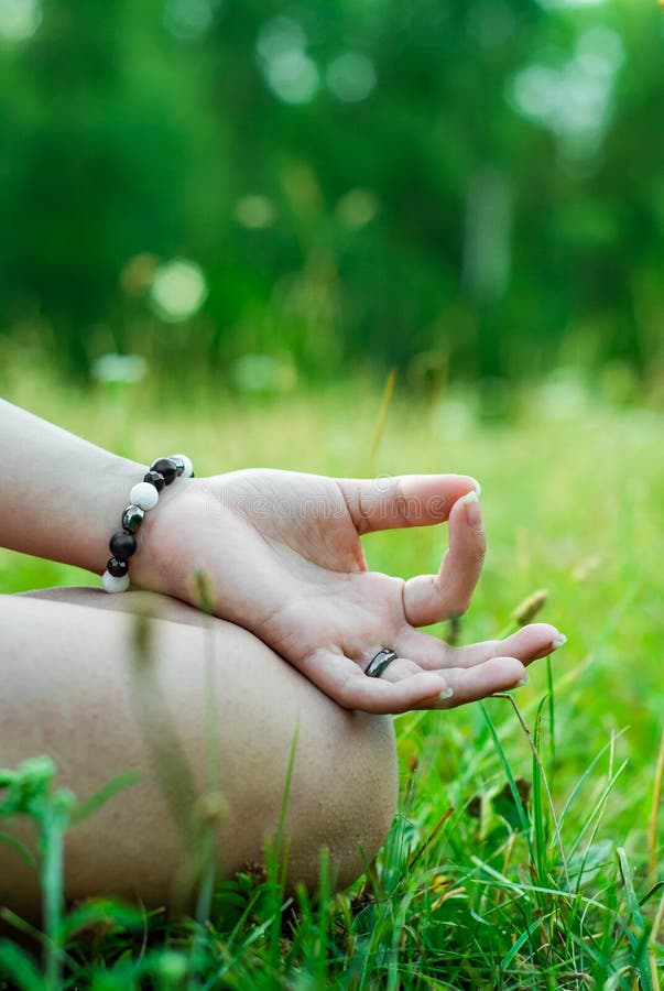 Yoga Meditation in Park. Woman`s Hand To Meditate Stock Photo - Image ...