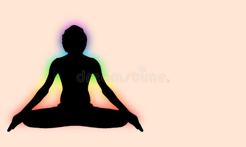 Yoga-Meditations-Haltung mit sieben Energie-Aura chakra um schwarzen Körper vektor abbildung Yoga-Meditations-Haltung mit sieben Energie-Aura chakra um schwarzen Körper vektor abbildung
