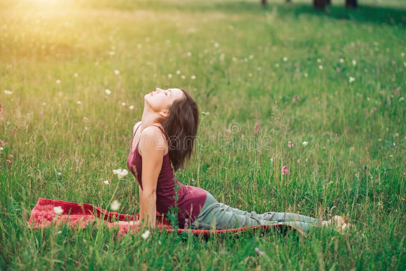 Yoga in natura, una bella donna che fa ginnastica, esercizi nel prato fotografie stock libere da diritti Yoga in natura, una bella donna che fa ginnastica, esercizi nel prato fotografie stock libere da diritti