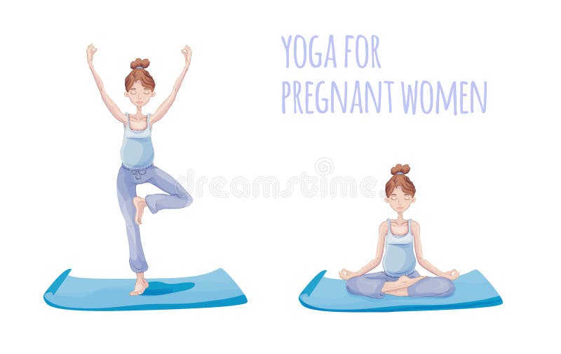 Yoga para la mujer embarazada Yoga practicante de la mujer embarazada en la actitud de Lotus y la actitud del árbol Ejemplo del v libre illustration Yoga para la mujer embarazada Yoga practicante de la mujer embarazada en la actitud de Lotus y la actitud del árbol Ejemplo del v libre illustration