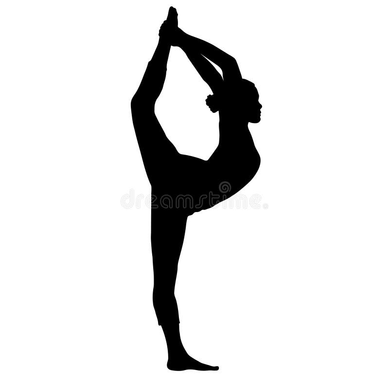 Yoga pose, woman doing stretching legs, leg split silhouette, vector outline portrait, gymnast figure, black and white