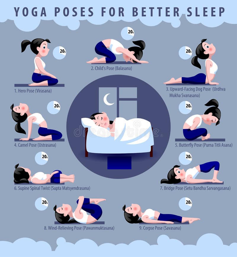 Yoga poses for better sleep. Fitness exercises with cartoon girl in blue and white suit in flat syle. Vector illustration. Yoga poses for better sleep. Fitness exercises with cartoon girl in blue and white suit in flat syle. Vector illustration