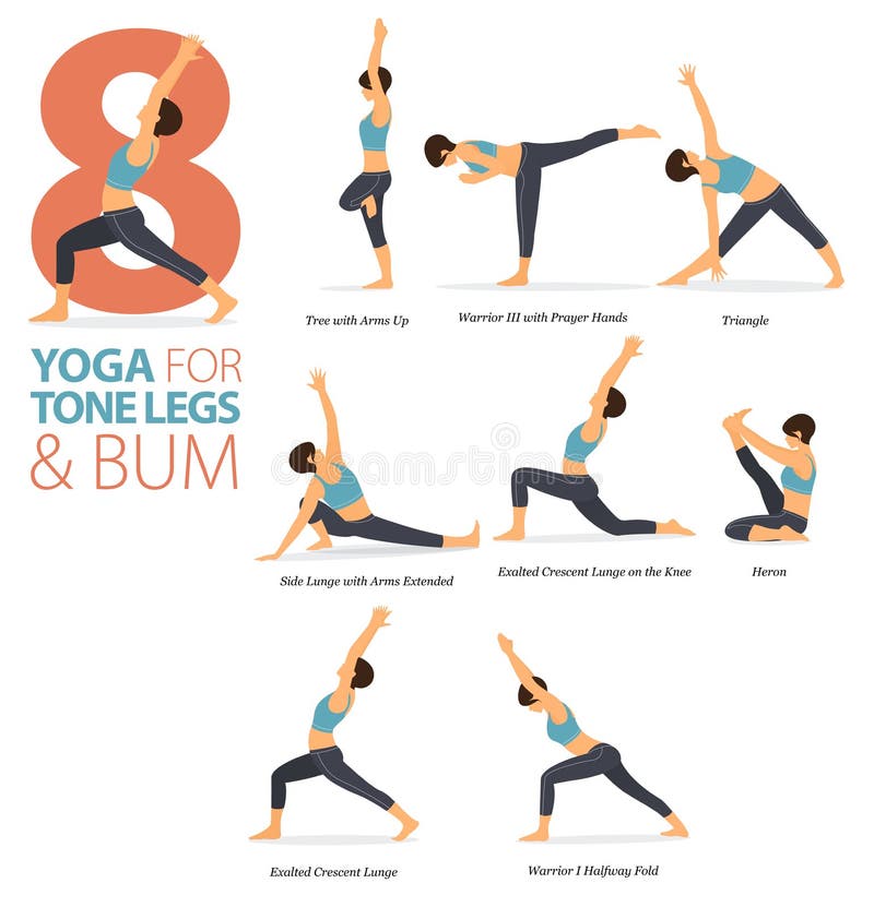 8 Yoga poses or asana posture for workout in Tone legs and bum concept. Women exercising for body stretching. Vector.