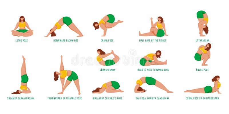 Yoga poses flat vector illustrations set