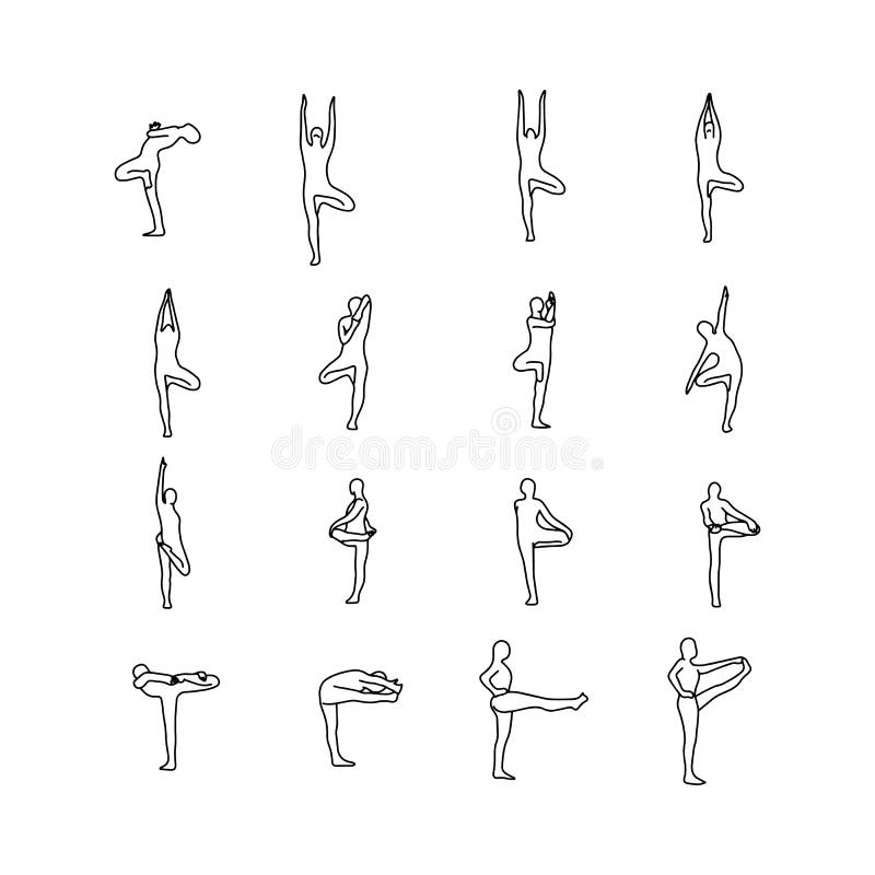 Yoga Poses Vector Illustration Outline Sketch Hand Drawn with Bl Stock ...