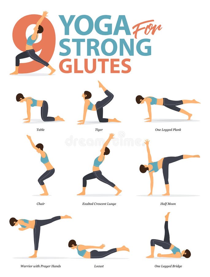 9 Yoga Poses for Workout in Strong Glutes Concept. Woman Exercising for ...