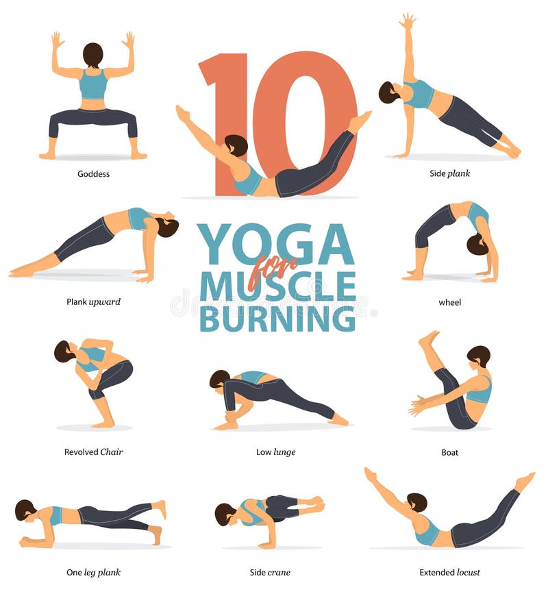 Yoga postures female figures Infographic . 10 Yoga poses for Muscle Burning in flat design. royalty free illustration Yoga postures female figures Infographic . 10 Yoga poses for Muscle Burning in flat design. royalty free illustration