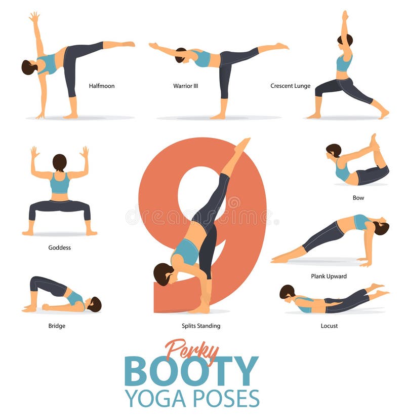 Yoga postures female figures for Infographic 9 Yoga poses for perky booty in flat design. Woman figures exercise in blue sportswea