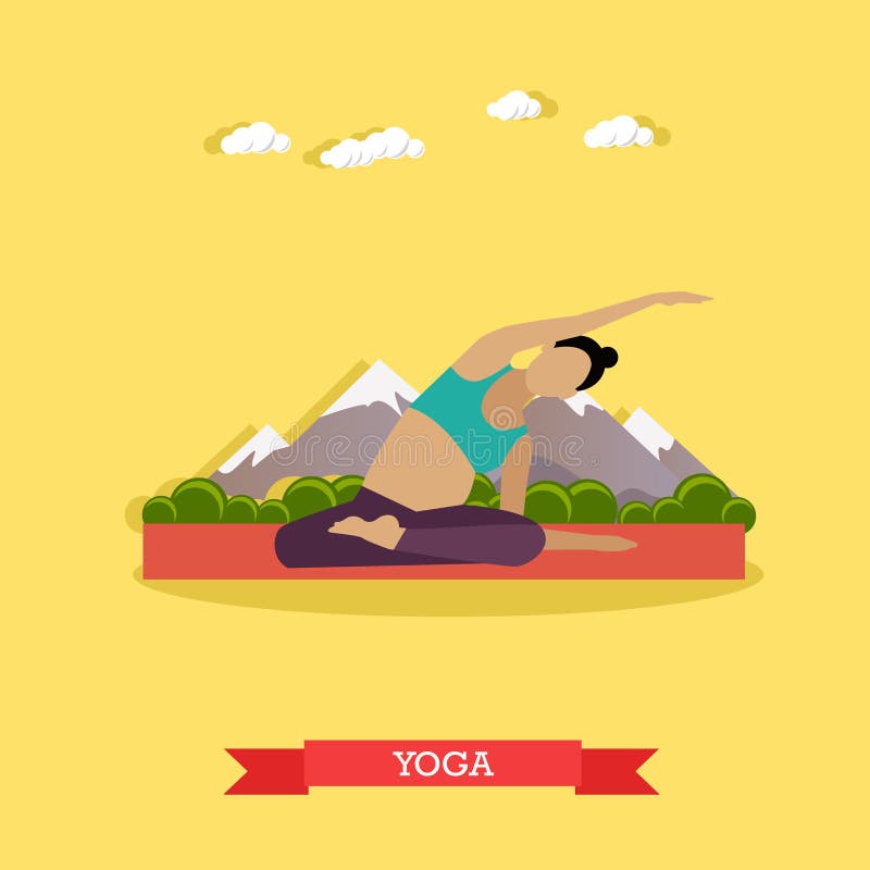 Yoga practicante de la muchacha embarazada al aire libre Diseño plano ilustración del vector Yoga practicante de la muchacha embarazada al aire libre Diseño plano ilustración del vector