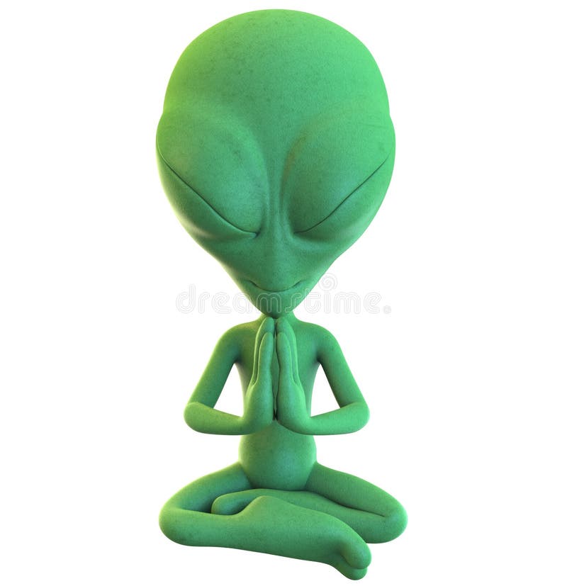 3D rendering of a seated green cartoon alien practicing yoga with eyes closed in the salutation seal pose isolated on white background. 3D rendering of a seated green cartoon alien practicing yoga with eyes closed in the salutation seal pose isolated on white background.