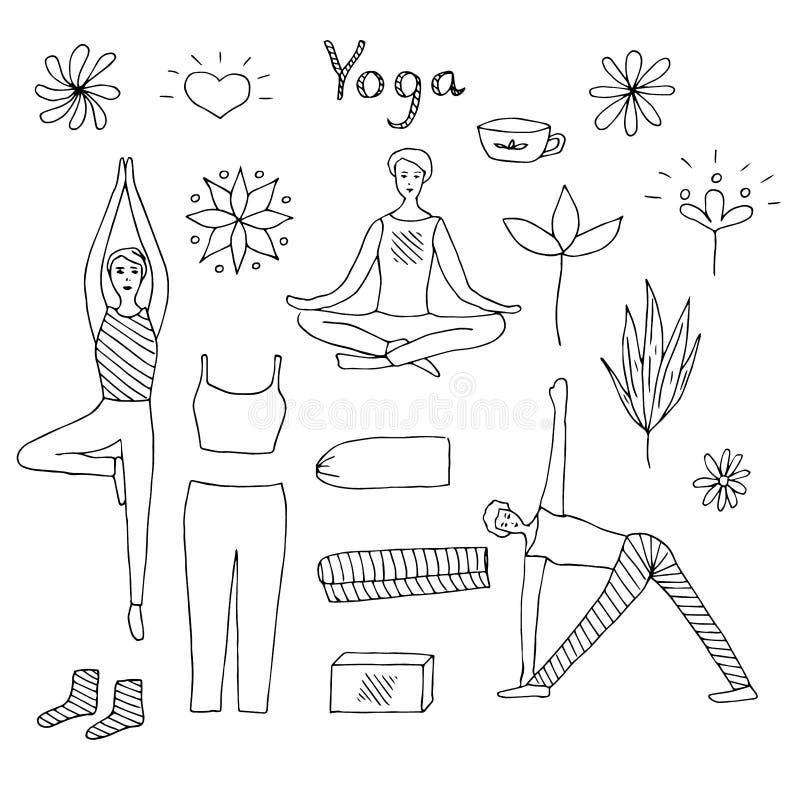 Yoga Set, Vector Doodle Illustration, Asanas, Yoga Clothing and