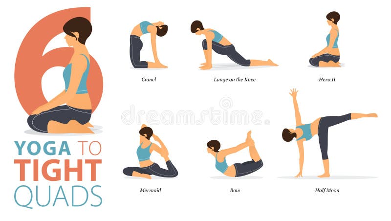 6 Yoga poses for workout in concept of Tight Quads in flat design. Women exercising for body stretching. Vector.