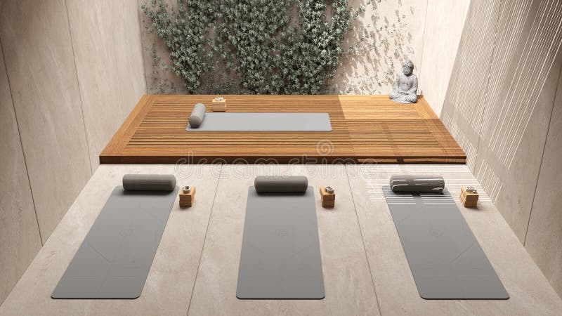 Yoga Studio Interior Design in Beige Tones, Japanese Zen Style