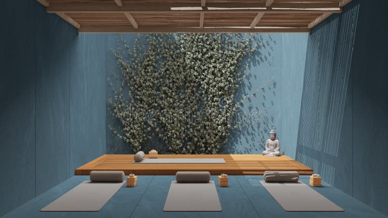 Yoga Studio Interior Design in Beige Tones, Japanese Zen Style, Exterior  Garden, Limestone Walls with Ivy, Wooden Floor and Stock Illustration -  Illustration of modern, exercise: 244184439