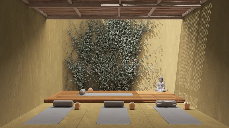 Yoga Studio Interior Design in Yellow Tones, Japanese Zen Style, Exterior  Garden, Concrete Walls with Ivy, Wooden Floor and Stock Illustration -  Illustration of garden, empty: 244184446
