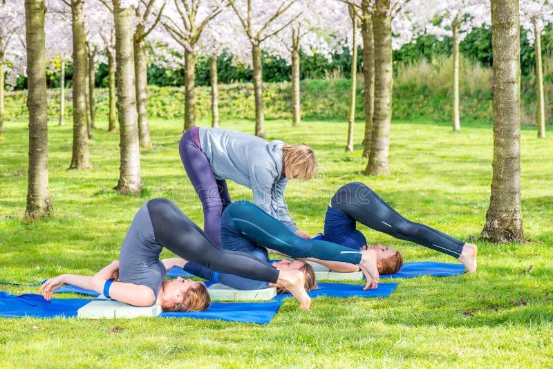 Yoga Teacher Helping the Group with Halasana Stock Image - Image of ...