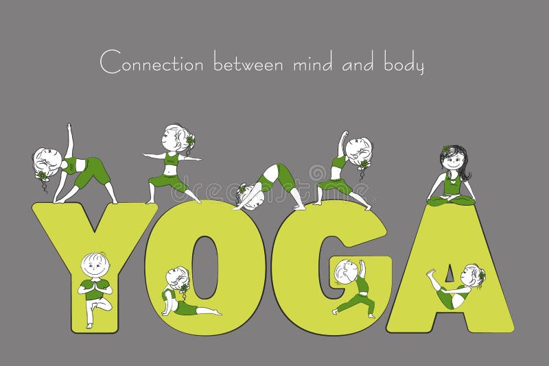 Yoga Word and Smile People in Various Yoga Poses Stock Vector