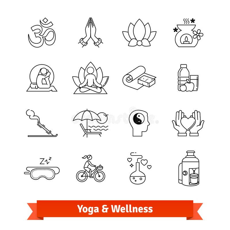 Yoga workout and wellness program. Icons set