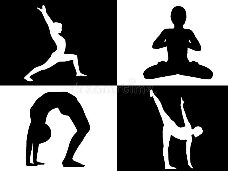 Yogacollage, jonge geschikte meisje het praktizeren yoga in vier zwart-witte vierkanten stock foto Yogacollage, jonge geschikte meisje het praktizeren yoga in vier zwart-witte vierkanten stock foto
