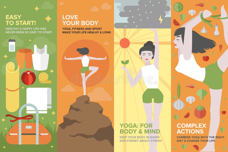 Yogaliv för plant baner för kropp och för mening ställde in royaltyfri illustrationer Yogaliv för plant baner för kropp och för mening ställde in royaltyfri illustrationer