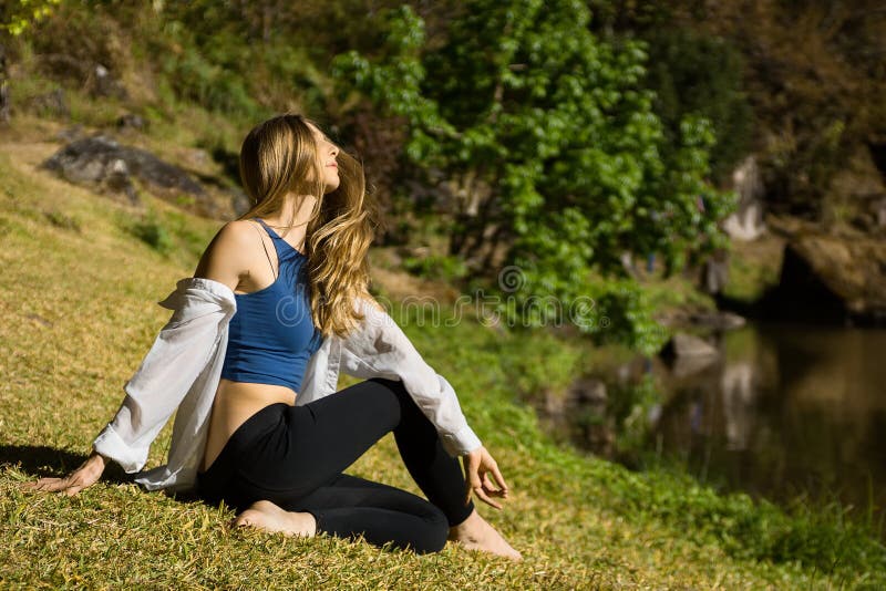 Yoga girl hair flip, Healthy lifestyle, fitness background, text space. Yoga girl hair flip, Healthy lifestyle, fitness background, text space