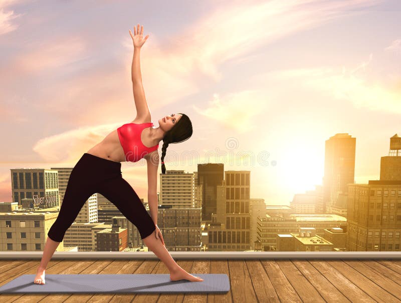 Yogavrouw het doen stelt op stadsdak royalty-vrije illustratie Yogavrouw het doen stelt op stadsdak royalty-vrije illustratie