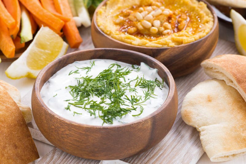 Yoghurt Sauce and Hummus, Vegetables and Pita Stock Photo Image of