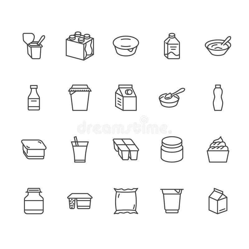 Yoghurt som framlänges förpackar linjen symboler Mejeriprodukter - mjölka flaskan, kräm, kefir, ostillustrationer Tunt tecken för stock illustrationer Yoghurt som framlänges förpackar linjen symboler Mejeriprodukter - mjölka flaskan, kräm, kefir, ostillustrationer Tunt tecken för stock illustrationer