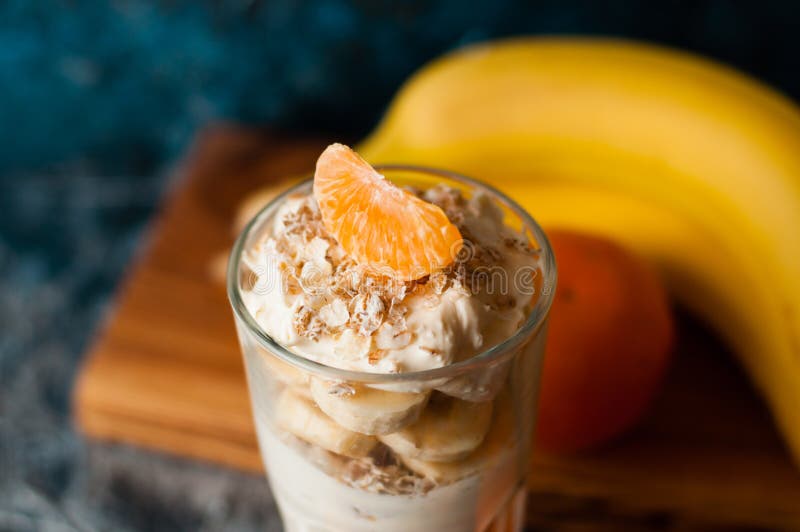 Yogurt with Banana, Mandarin and Oatmeal. Tasty and Healthy Breakfast ...