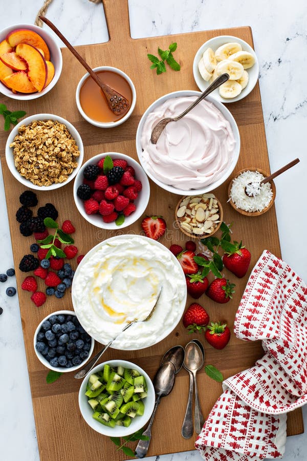 Yogurt Bowl Bar, Big Board with Different Toppings Stock Photo Image
