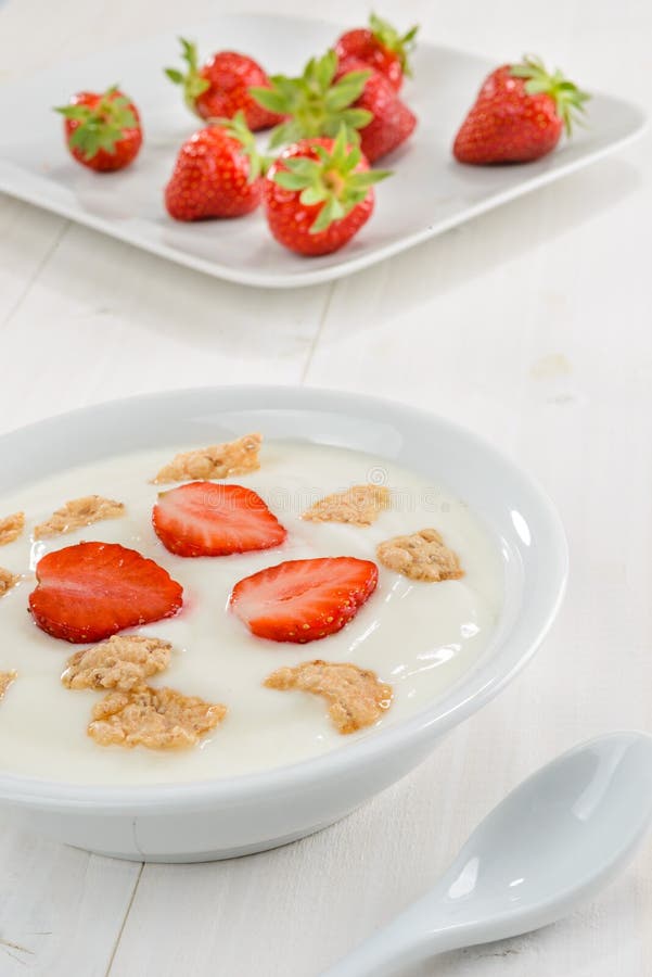 Yogurt, Cereal and Strawberries Stock Image Image of corn, napkin
