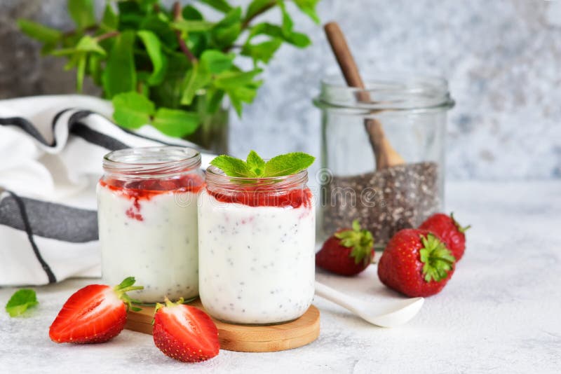 Yogurt with Chia Seeds and Strawberries for Breakfast. Good Morning