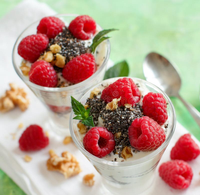 Yogurt With Chia Seeds, Walnuts And Raspberries Stock Image - Image of ...