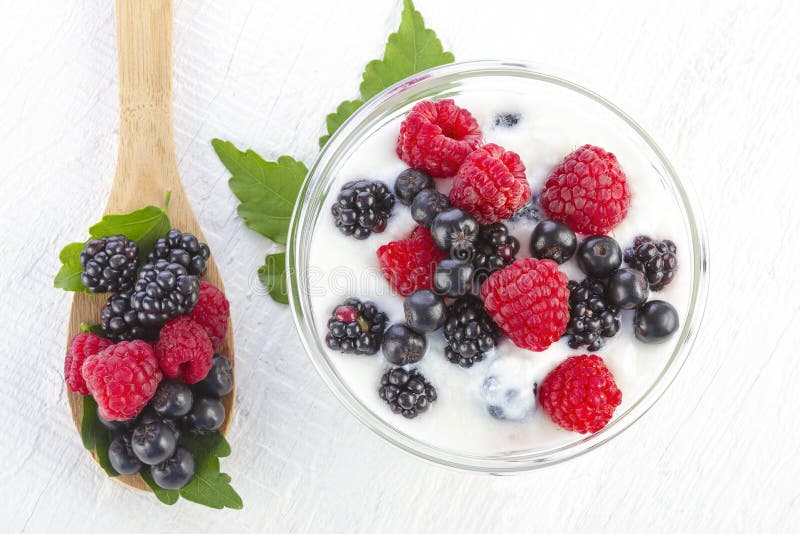 Yogurt with forest berries in a bowl
