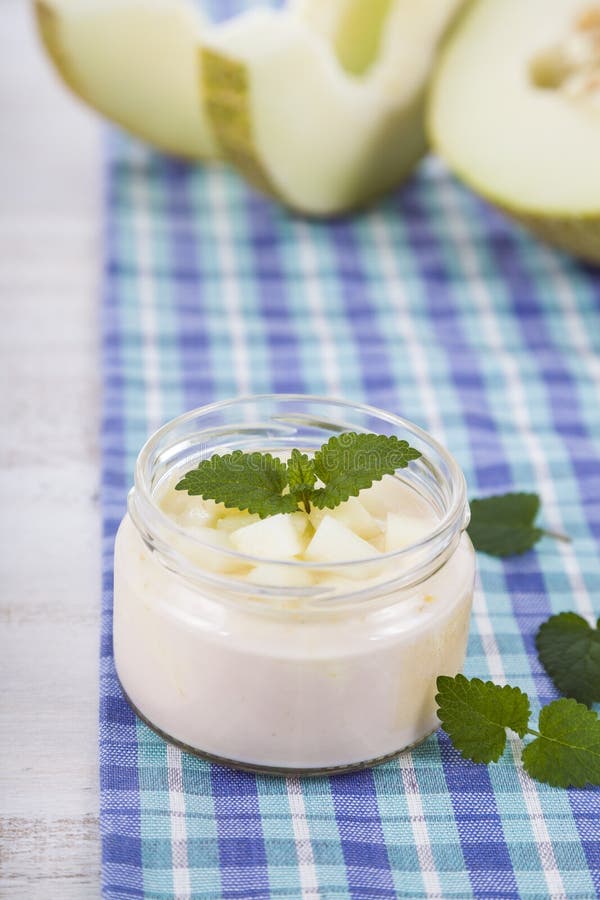 Yogurt with melon. stock photo. Image of leaf, organic 87140754