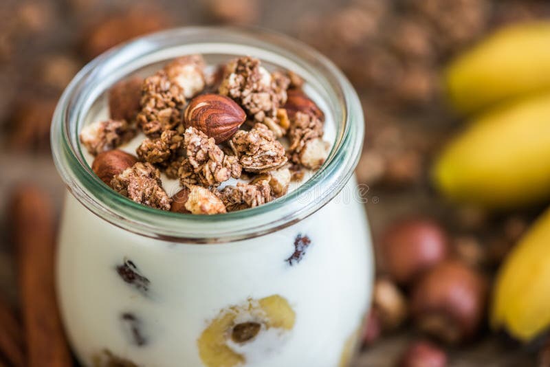 Yogurt with Muesli, Banana and Nuts Stock Photo Image of delicious