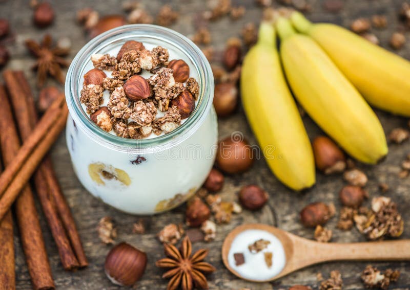 Yogurt with Muesli, Banana and Nuts Stock Image Image of food, banana