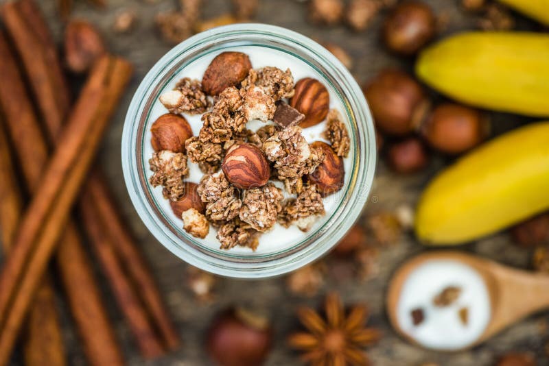 Yogurt with Muesli, Banana and Nuts Stock Image Image of jogurt