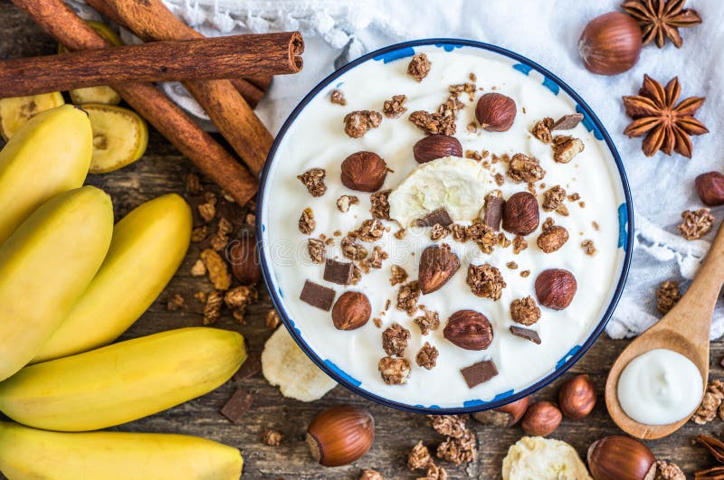 Yogurt with Muesli, Banana and Nuts Stock Photo Image of organic